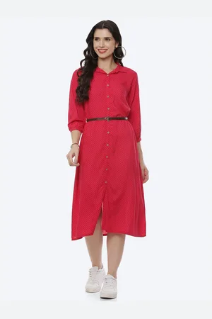 Rangriti Women Fuchsia Shirt Midi Belted Dress