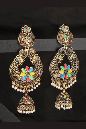 ANIKAS CREATION Gold-Plated Blue & White Dome Shaped Jhumkas