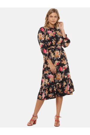 Campus Women Black Pure Cotton Floral Print A-Line Midi Dress