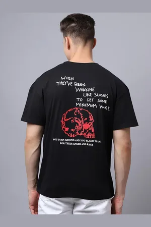 DOOR74 Men Black Typography Printed Loose T-shirt