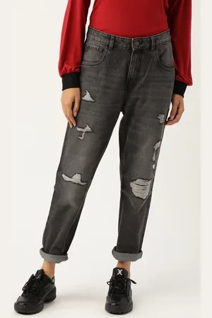 DressBerry Women Charcoal Grey Boyfriend Fit Mid-Rise Mildly Distressed Stretchable Jeans