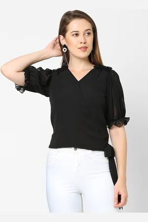MISH Women Black Ruffles Georgette Wrap Top