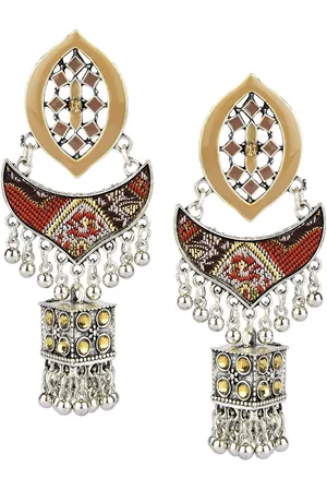DESI COLOUR Gold-Toned & Red Oxidised Classic Jhumkas