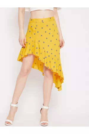 Berrylush Women Yellow & Purple Polka Dot Printed A-line Midi Asymmetric Ruffled Hem Skirt