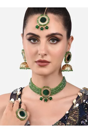 Zaveri Pearls Gold-Plated White Crystal Studded & Green Beaded Jewellery Set