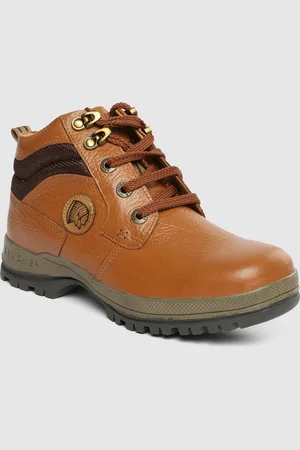 Red Chief Men Tan Brown Textured Leather Mid-Top Sneakers