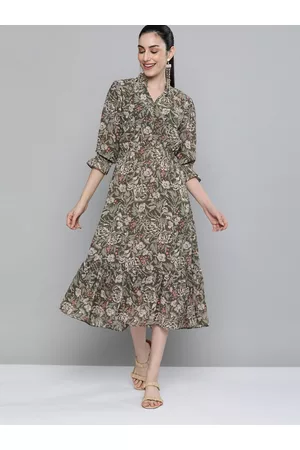 Kvsfab Women Olive Green & Beige Floral Georgette A-Line Midi Dress