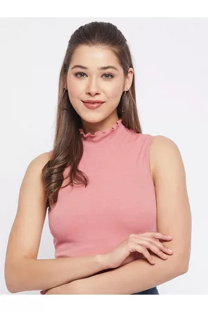 LE BOURGEOIS Women Peach-Coloured Solid High Neck Fitted Crop Top