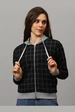 Campus Women Black Checked Windcheater Crop Outdoor Bomber Jacket