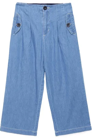 UNDER FOURTEEN ONLY Girls Blue Flared Fit Pleated Cotton Jeans