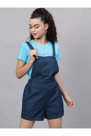 STREET 9 Women Navy-Blue Solid Denim Dungarees
