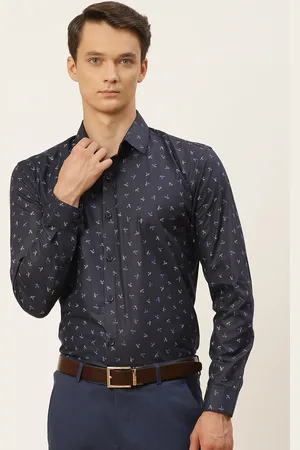 SOJANYA Men Navy Blue & Grey Classic Floral Printed Pure Cotton Formal Shirt
