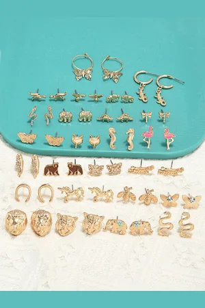 Ami Set of 25 Gold Tone Contemporary Classy Stud & Drop Earrings