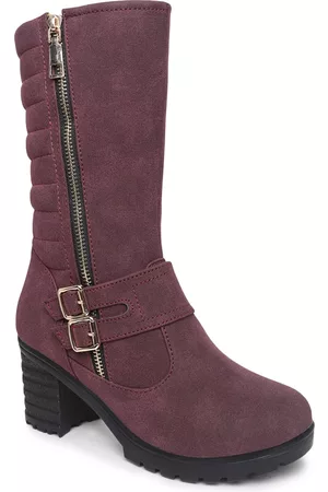 VALIOSAA Maroon High-Top Block Heeled Boots with Buckles