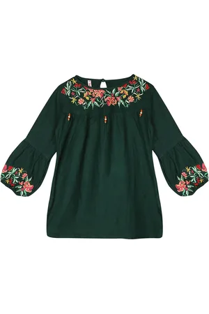 Ishin Green Floral Embroidered Regular Top