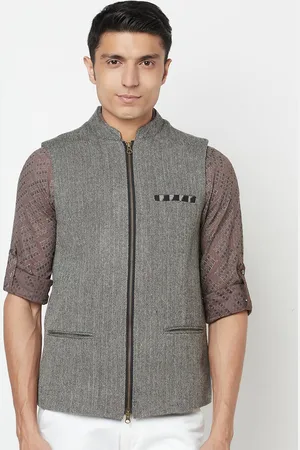 Fabindia Men Grey Woven Design Woolen Nehru Jacket