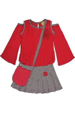 Wish Karo Girls Red & Black Solid Top with Skirt