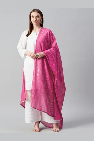 anayna Pink & Silver Self-Striped Cotton Dupatta