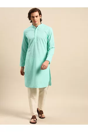 Anouk Men Ethnic Pyjamas - Men Blue Ethnic Motifs Embroidered Pure Cotton Kurta with Pyjamas