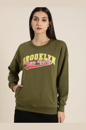 Dillinger Women Olive Green Printed Oversized Sweatshirt