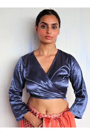 Chidiyaa Women Blue Solid Tie-Up Mashru Crop Silk Saree Blouse