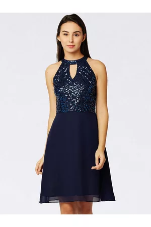 Miss Chase Women Navy Blue Embellished Fit and Flare Skater Dress