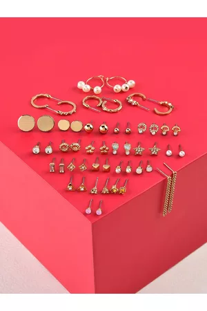 Ami Set Of 26 Gold Tone Contemporary Studs, Drop & Semi-Hoop Earrings