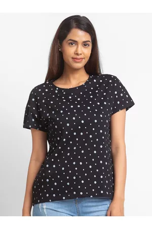 Globus Women Black Printed Pure Cotton Raw Edge T-shirt