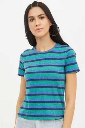 Harpa Women Green Blue Striped Round Neck Pure Cotton T-shirt