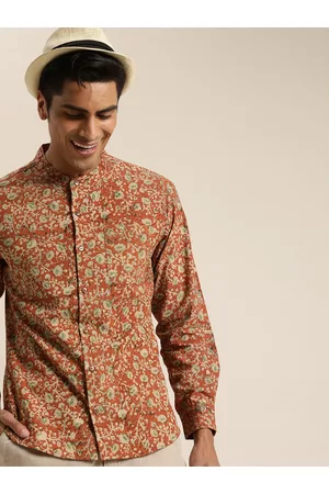 Taavi Men Beige & Black Kalamkari Block Printed Shirt