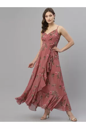 KASSUALLY Women Pink Floral Georgette Ruffled Maxi Dress