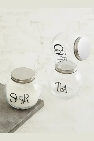 Home Centre Set Of 3 Transparent & Black Typography Printed Glass Jars