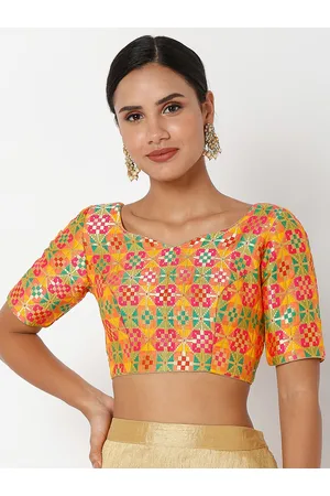 SALWAR STUDIO Women Yellow & Orange Woven-Design Brocade Saree Blouse