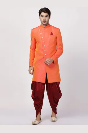 Vastramay Men Orange & Maroon Solid Silk Sherwani With Dhoti Pant Set