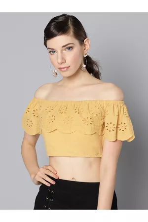 STREET 9 Women Mustard Yellow Solid Bardot Crop Pure Cotton Top with Schiffli Embroidered Detail
