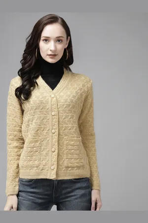 Cayman Women Beige Self-Design Woollen Cardigan