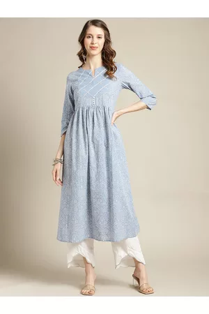 Varanga Women Blue & White Bandhani Screen Printed Gotta Patti Yoke Design Anarkali Kurta