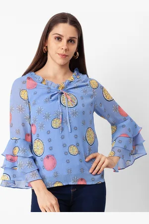 Globus Women Blue Floral Print Tie-Up Neck Ruffles Top