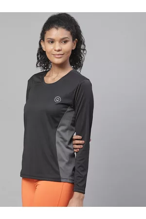 CHKOKKO Women Black & Grey Colourblocked Round Neck Yoga T-shirt
