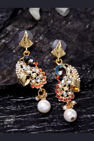 ANIKAS CREATION Gold-Plated & Blue Peacock Shaped Drop Earrings
