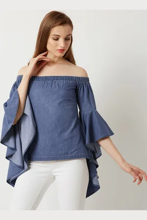 Miss Chase Women Blue Solid Denim Bardot Top