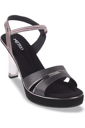 Metro Women Grey Textured Casual Stiletto Sandals With Western Embellishments