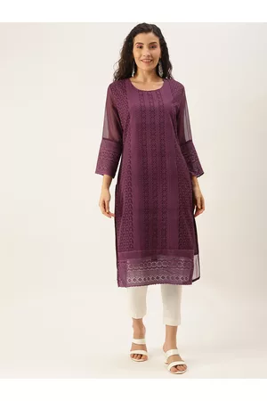 SWAGG INDIA Women Purple Floral Embroidered Chikankari Georgette Kurta