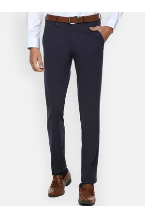 V Dot Men Navy Blue Textured Skinny Fit Formal Trousers