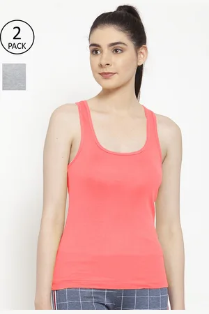 Friskers Women Pack of 2 Orange & Grey Striped Cotton Rib Tank Top