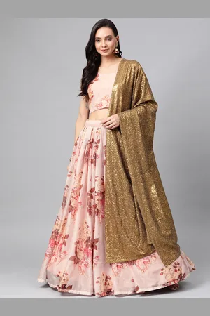 SHOPGARB Peach-Coloured Printed Semi-Stitched Lehenga & Unstitched Blouse with Dupatta