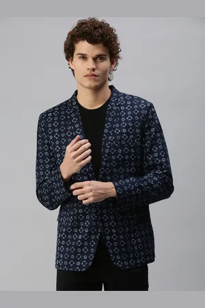 SHOWOFF Men Navy Blue & Grey Printed Single-Breasted Slim-Fit Blazer