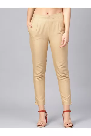 Juniper Women Gold-Toned Solid Cotton Flex Slim Fit Women Pants with Two Pockets