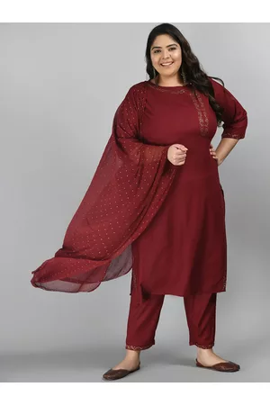 DesiNoor Women Maroon Beads and Stones Kurta with Trousers & Dupatta