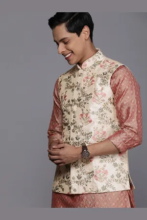 Manyavar Men Beige & Pink Embroidered Jacket